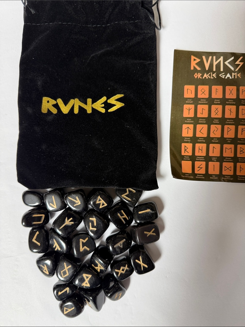 Black Rune Stones Oracle Game Fortune Telling Set with Black Velvet Bag